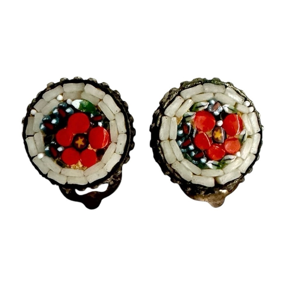 Vintage Micro Mosaic Clip-On Earrings Floral Glass Old‎ Roma Italy Italian